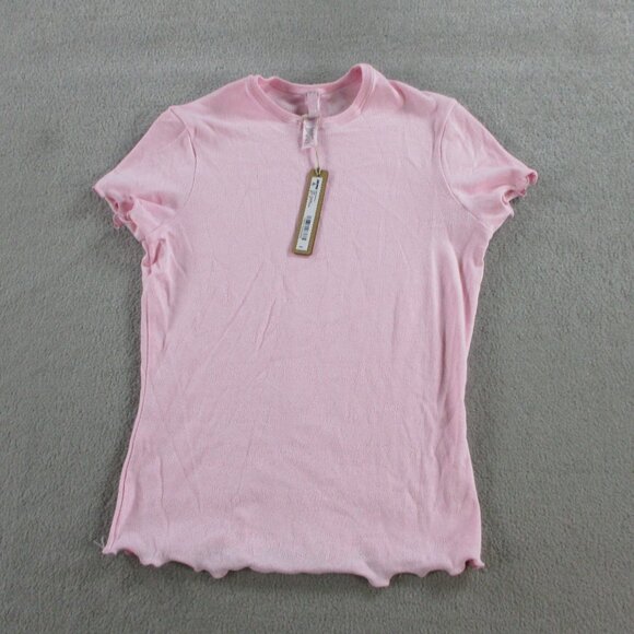 SKIMS Logo Pointelle Shirt Womens XS Cherry Blossom Pink Printed Stretch NWT - Picture 2 of 9